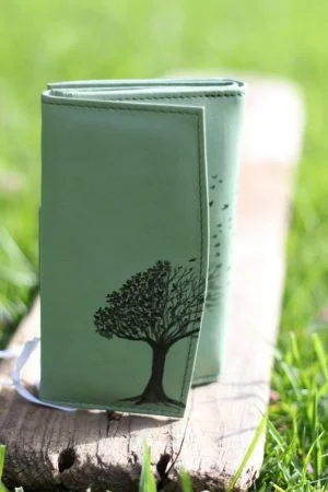 Handpainted leather green wallet, card holder